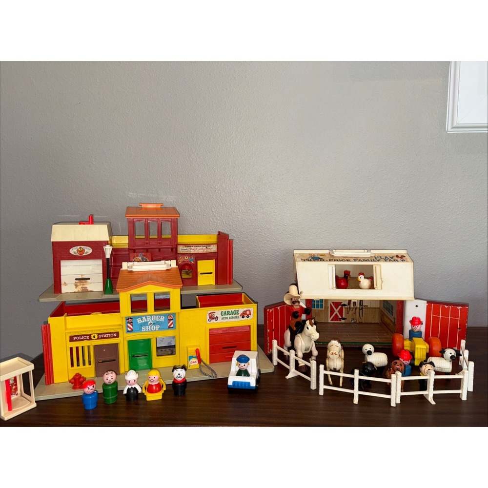 1967 Fisher Price Family Farm #915 & 1973 Fisher Price Lil People Village #997
